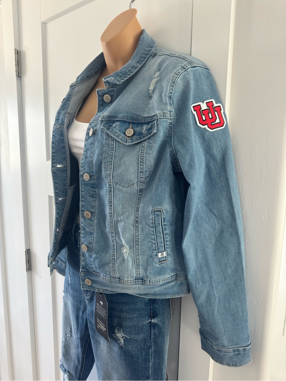 University of Utah Patch Work Blue Distressed Denim Jacket